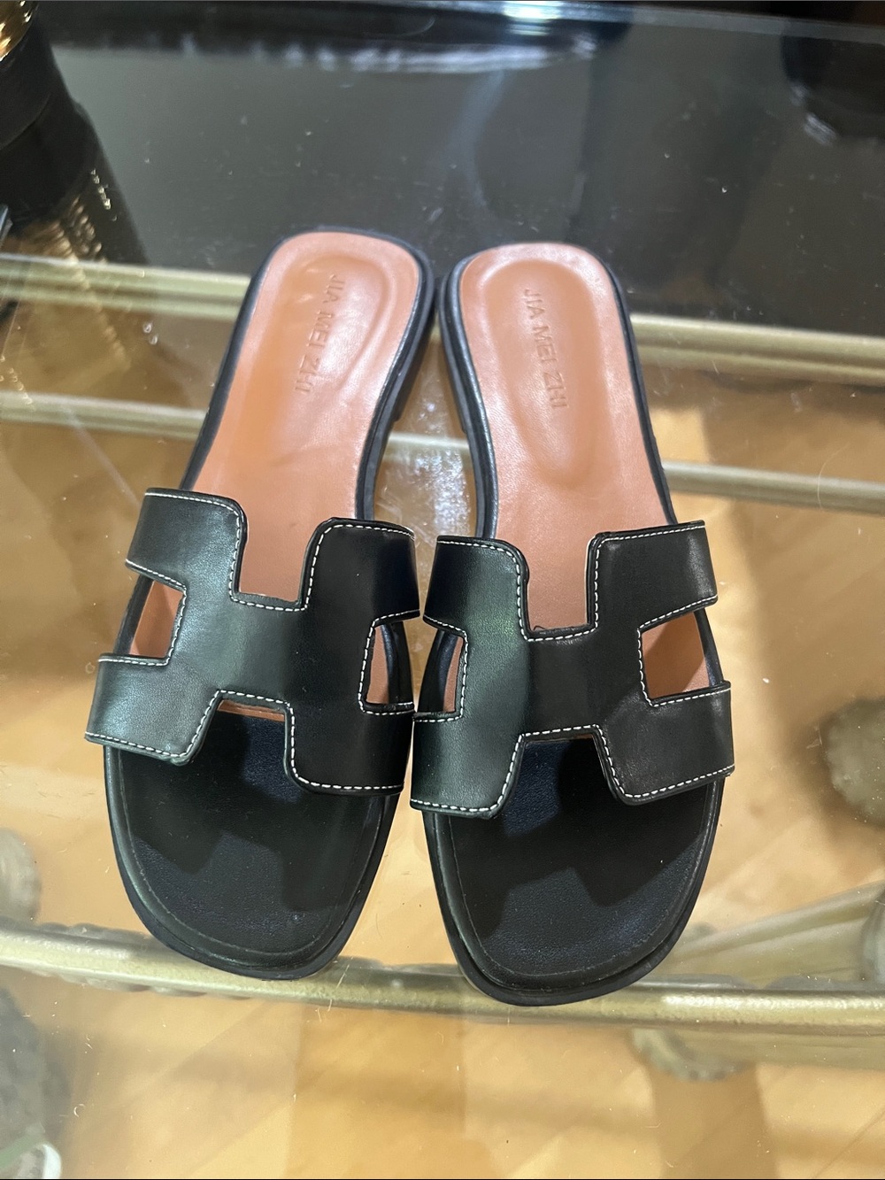 Women’s Black Slide Sandals with Cutout Strap - designer Leather Design